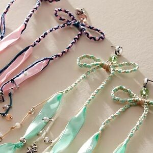 Free People Pink & Mint Braided Bow Tassel Earrings